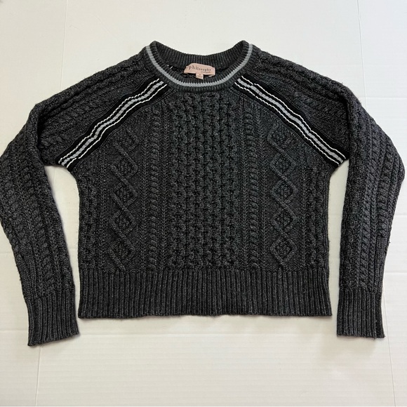 Philosophy Cashmere Wool blend Grey Black Cable Knit Sweater Semi Crop Sz Small - Picture 1 of 6